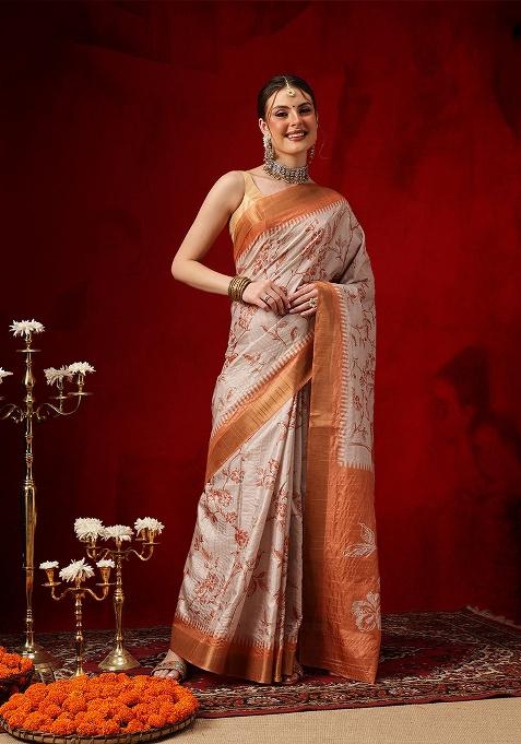 Orange Printed Silk Saree Set