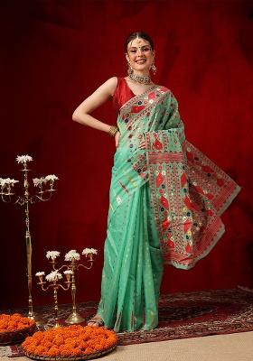 Green Printed Cotton Saree Set