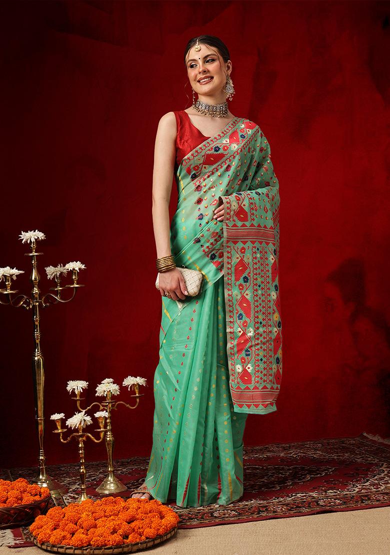 Green Printed Cotton Saree Set - Indya