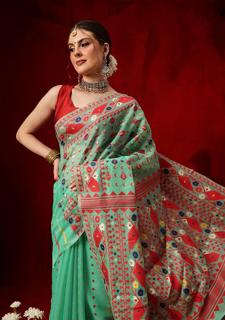 Green Printed Cotton Saree Set - Indya