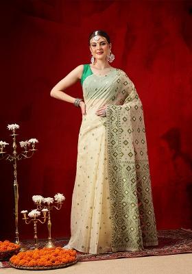 Beige Printed Cotton Saree Set