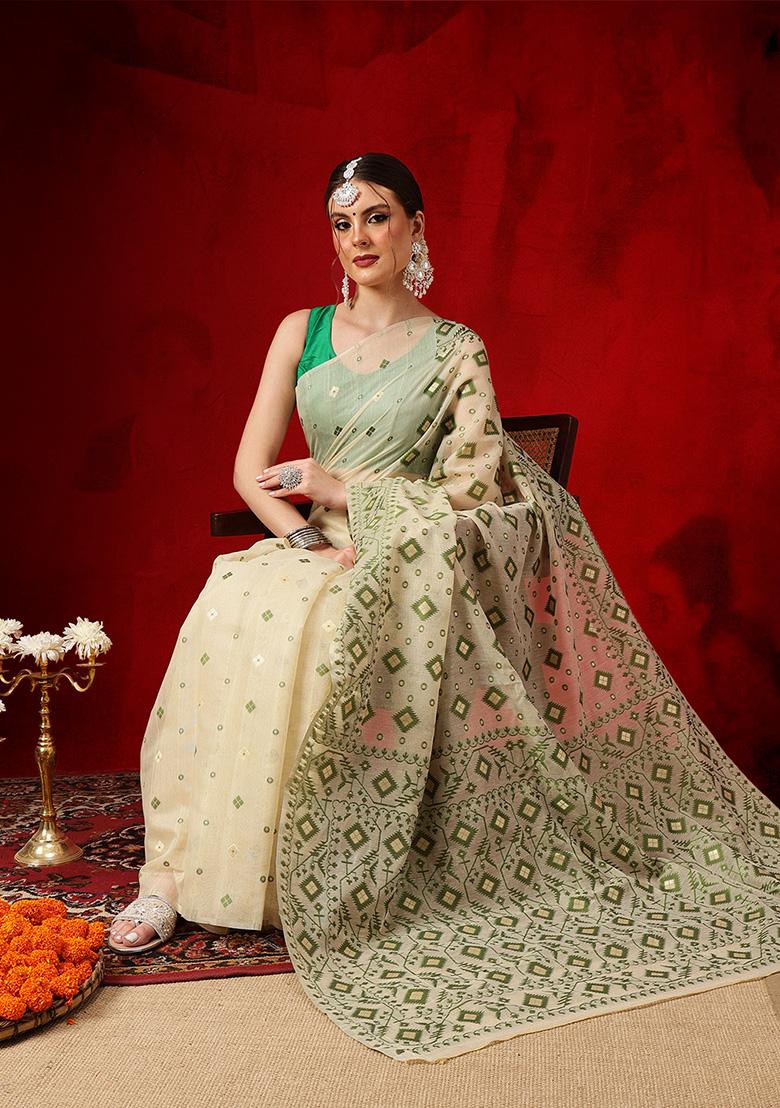 Beige Printed Cotton Saree Set - Indya