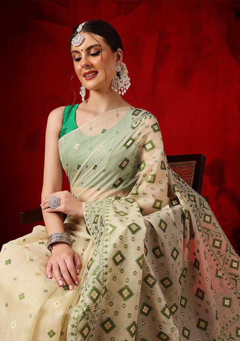 Beige Printed Cotton Saree Set - Indya