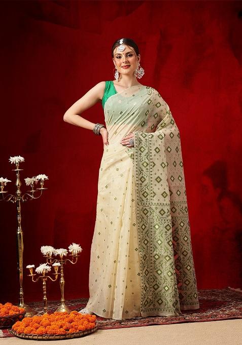 Beige Printed Cotton Saree Set