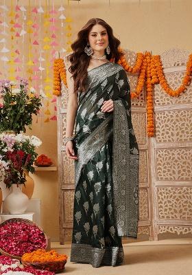 Green Printed Cotton Saree Set