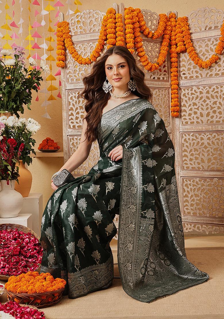Green Printed Cotton Saree Set - Indya