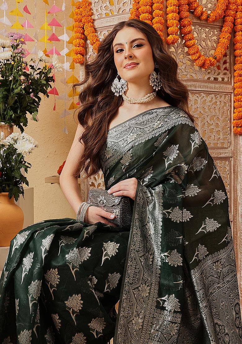 Green Printed Cotton Saree Set - Indya