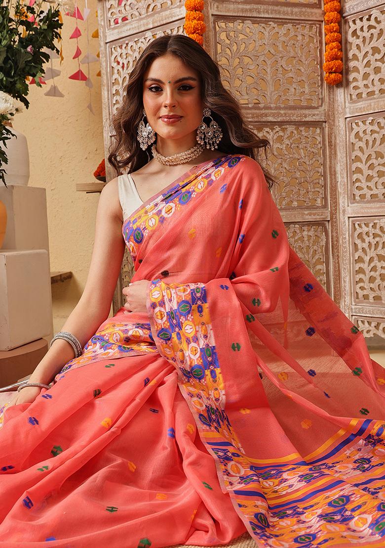 Peach Printed Cotton Saree Set - Indya