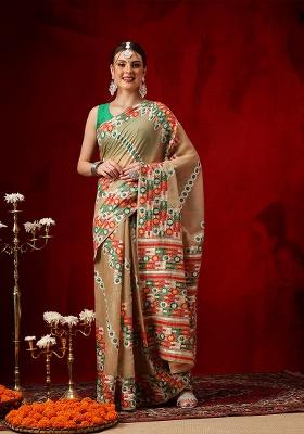 Beige Printed Cotton Saree Set