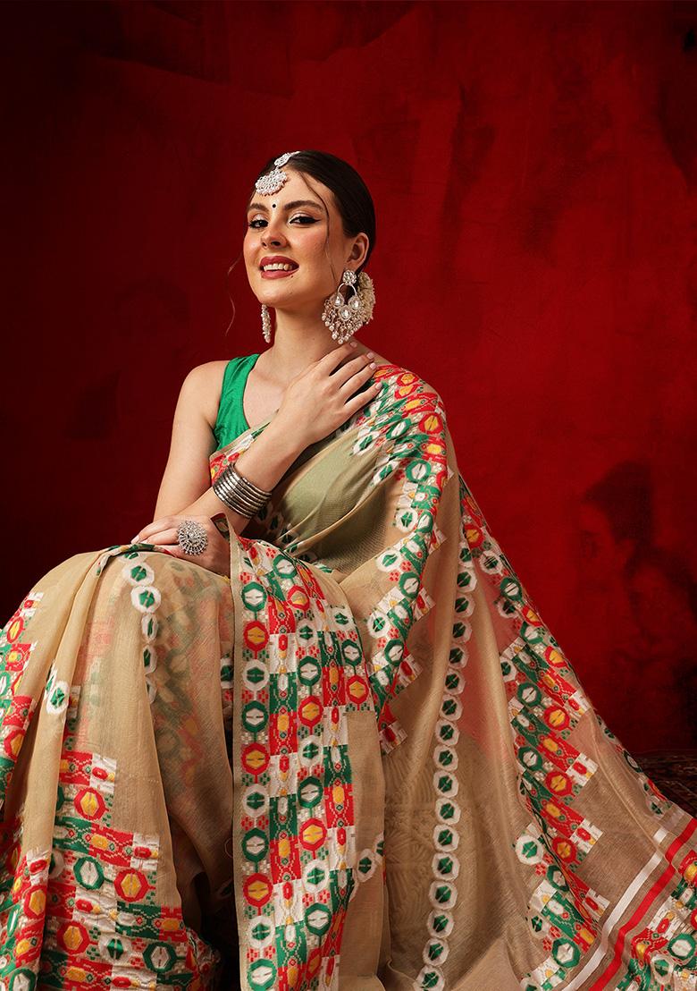 Beige Printed Cotton Saree Set - Indya