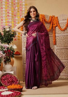 Purple Printed Satin Saree Set