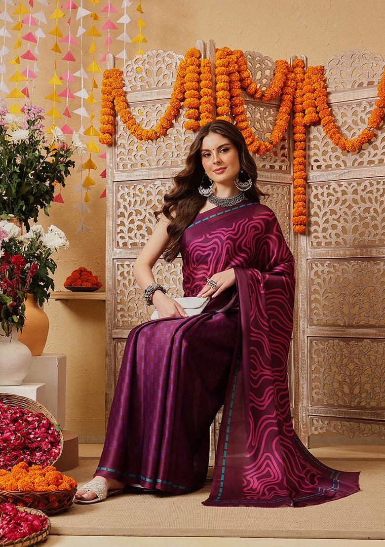 Purple Printed Satin Saree Set - Indya