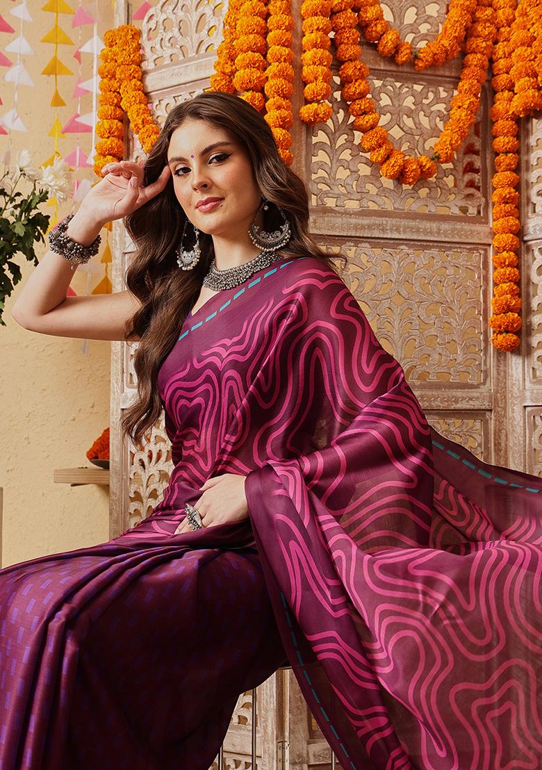 Purple Printed Satin Saree Set - Indya