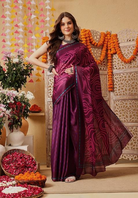 Purple Printed Satin Saree Set
