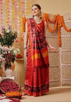 Red Printed Silk Saree Set
