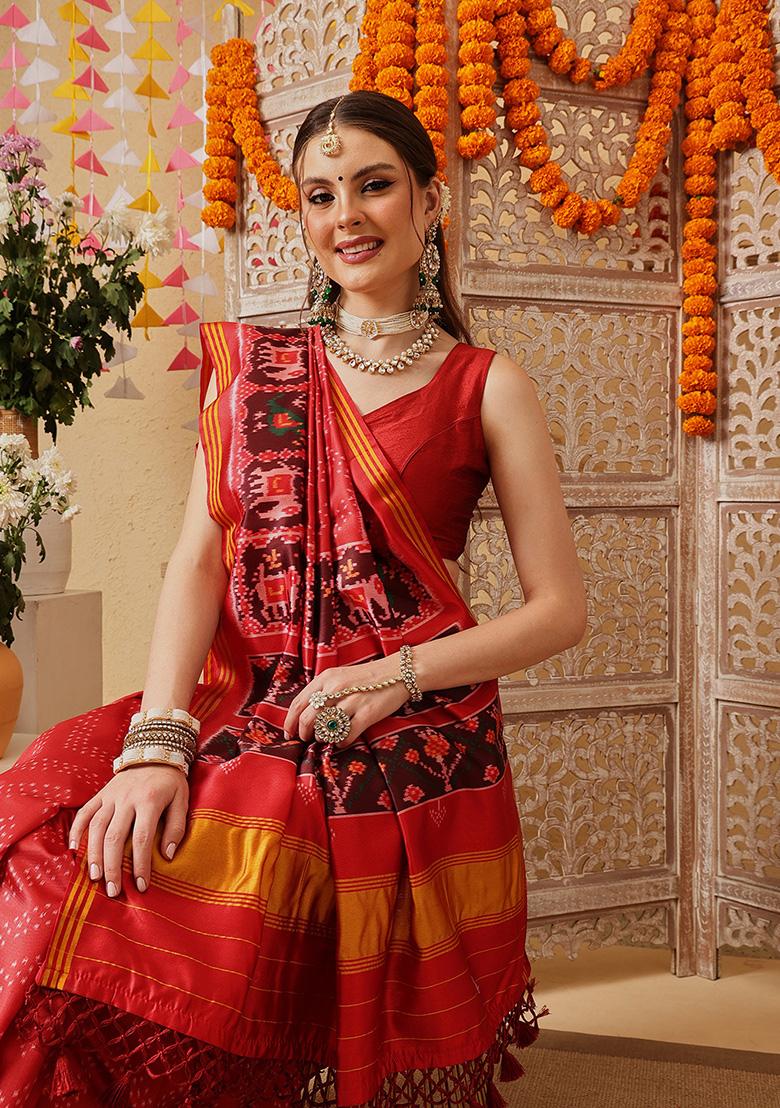 Red Printed Silk Saree Set - Indya