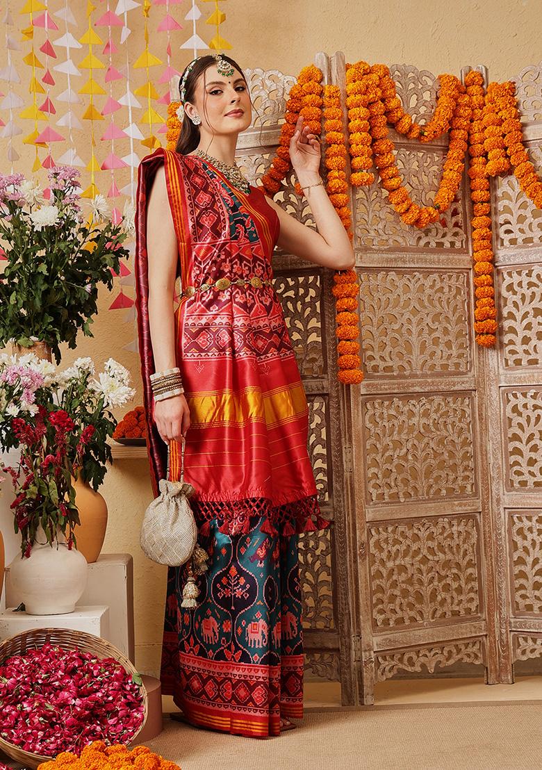 Teal Printed Silk Saree Set - Indya