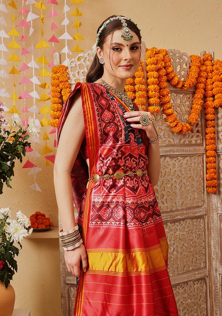 Teal Printed Silk Saree Set - Indya