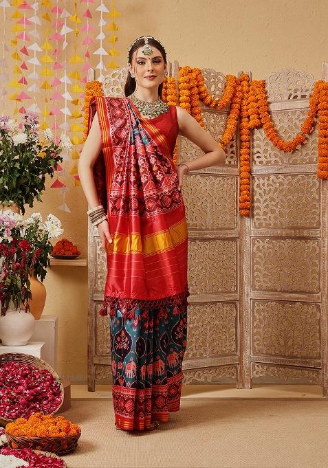 Teal Printed Silk Saree Set