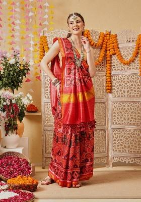 Multicolor Printed Silk Saree Set