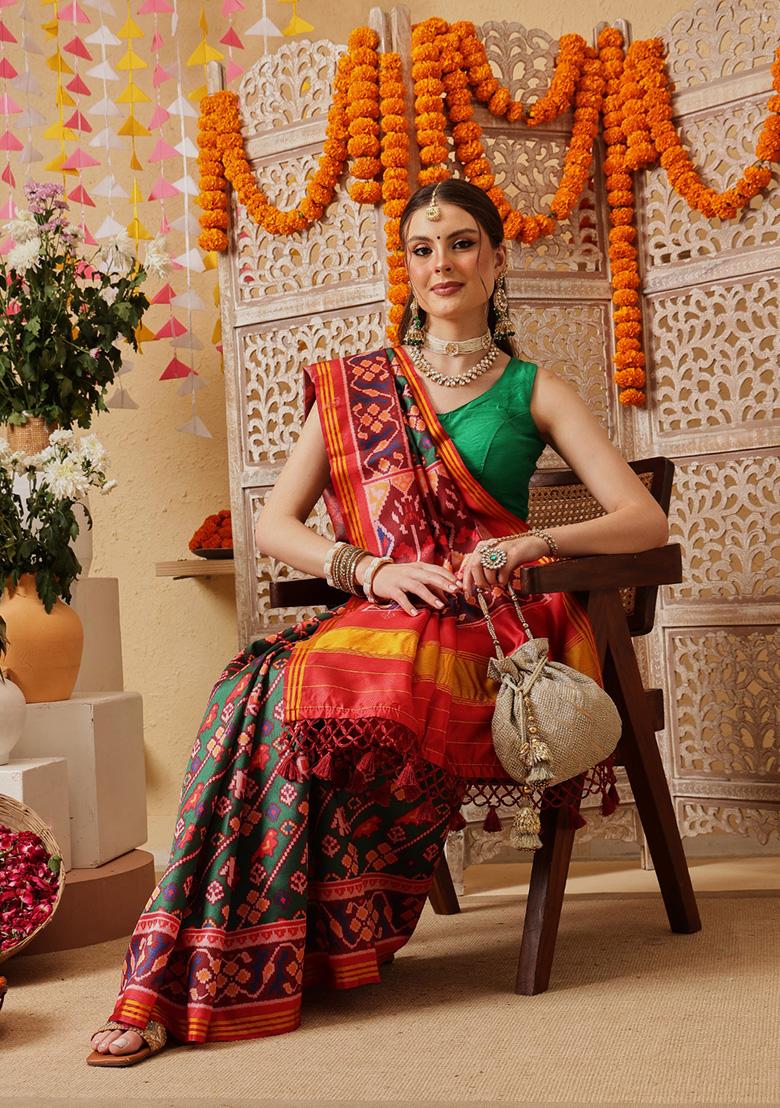 Green Printed Silk Saree Set - Indya