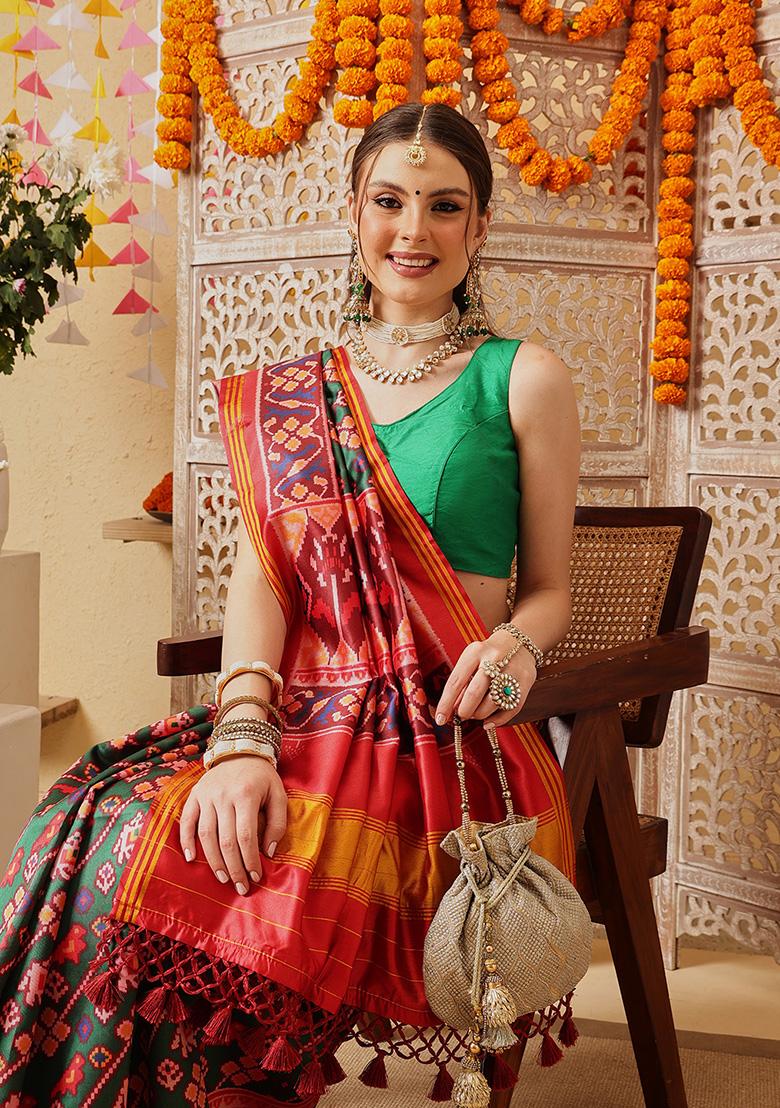 Green Printed Silk Saree Set - Indya