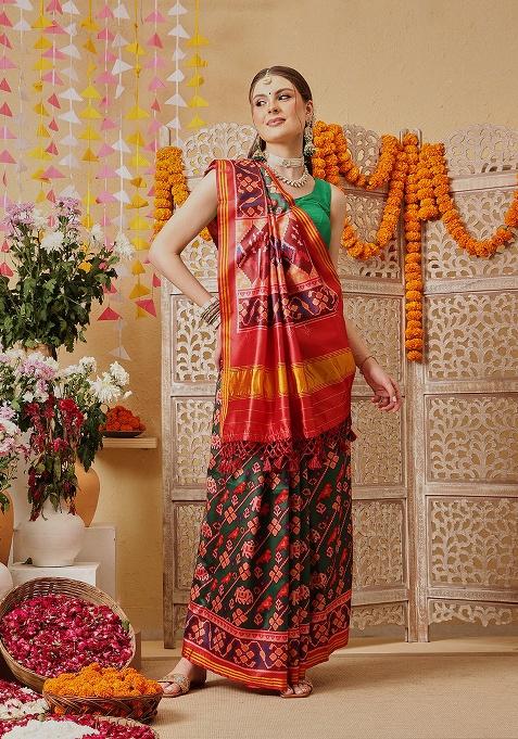 Green Printed Silk Saree Set