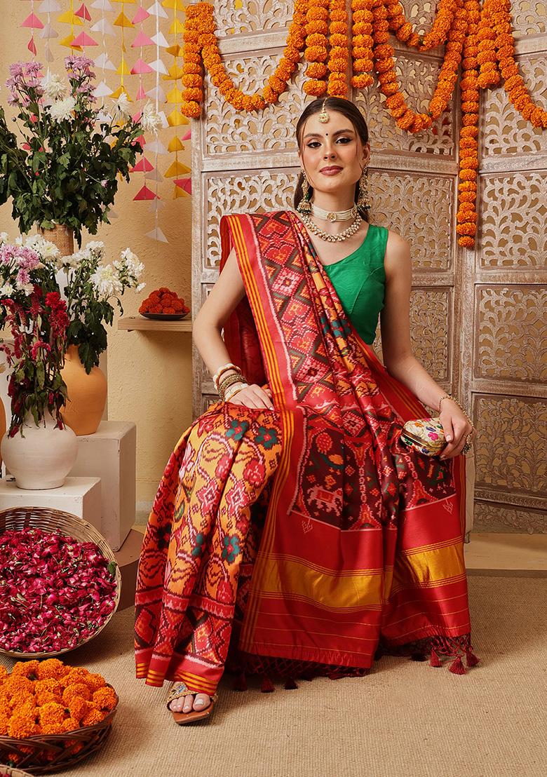 Mustard Printed Silk Saree Set - Indya