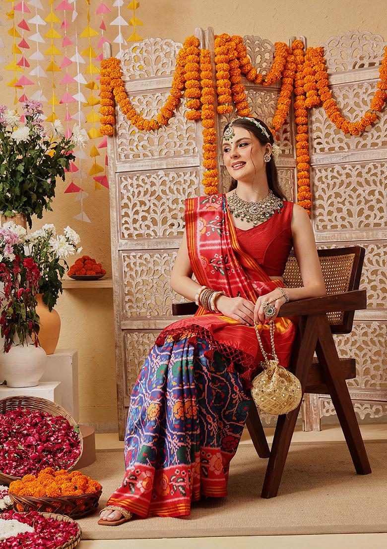 Blue Printed Silk Saree Set - Indya