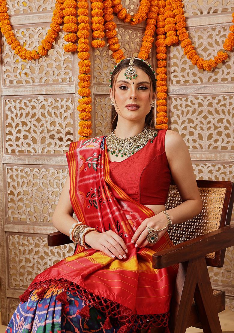 Blue Printed Silk Saree Set - Indya