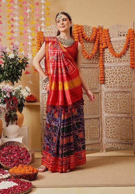 Blue Printed Silk Saree Set