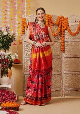 Pink Printed Silk Saree Set