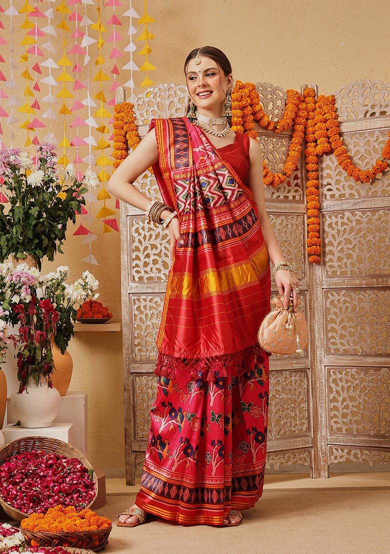 Pink Printed Silk Saree Set - Indya