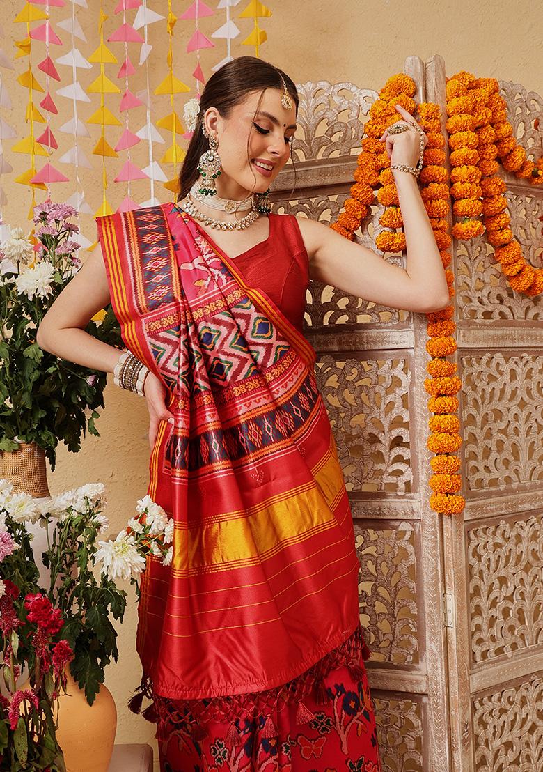 Pink Printed Silk Saree Set - Indya