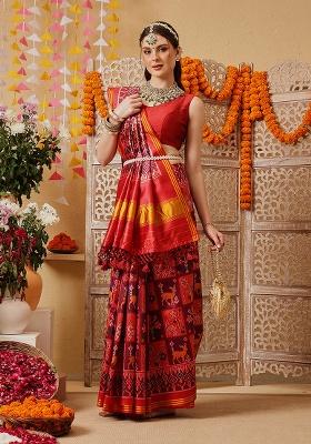 Purple Printed Silk Saree Set