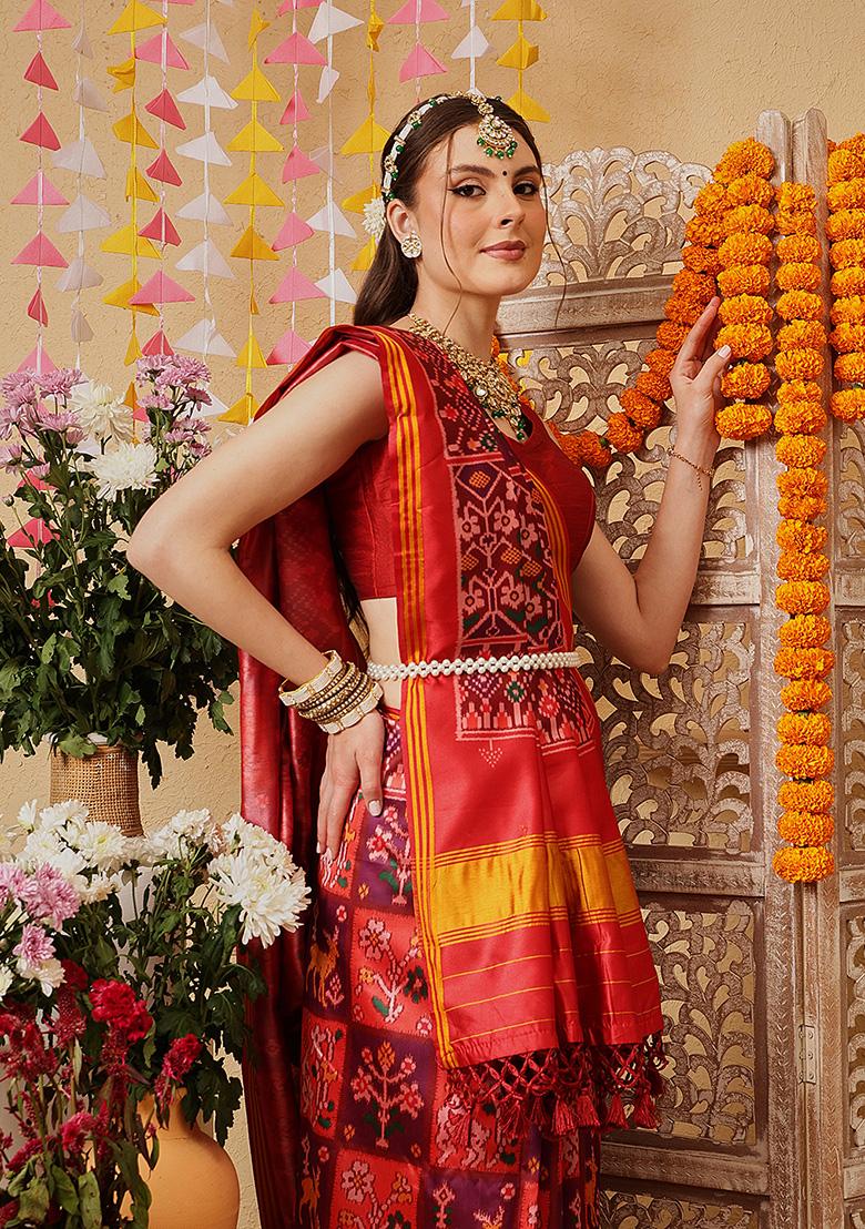 Purple Printed Silk Saree Set - Indya