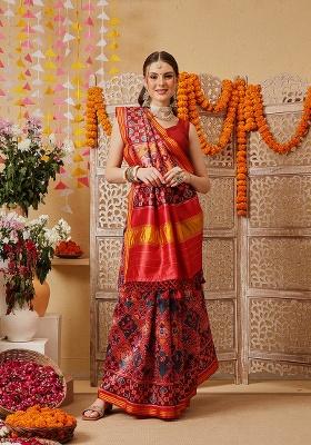Multicolor Printed Silk Saree Set