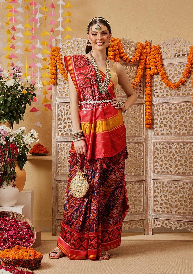 Mustard Printed Silk Saree Set - Indya