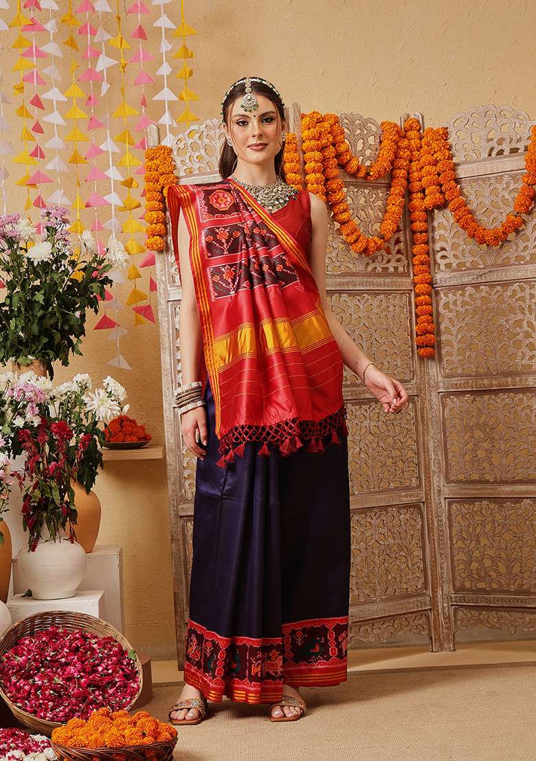 Navy Blue Printed Silk Saree Set - Indya