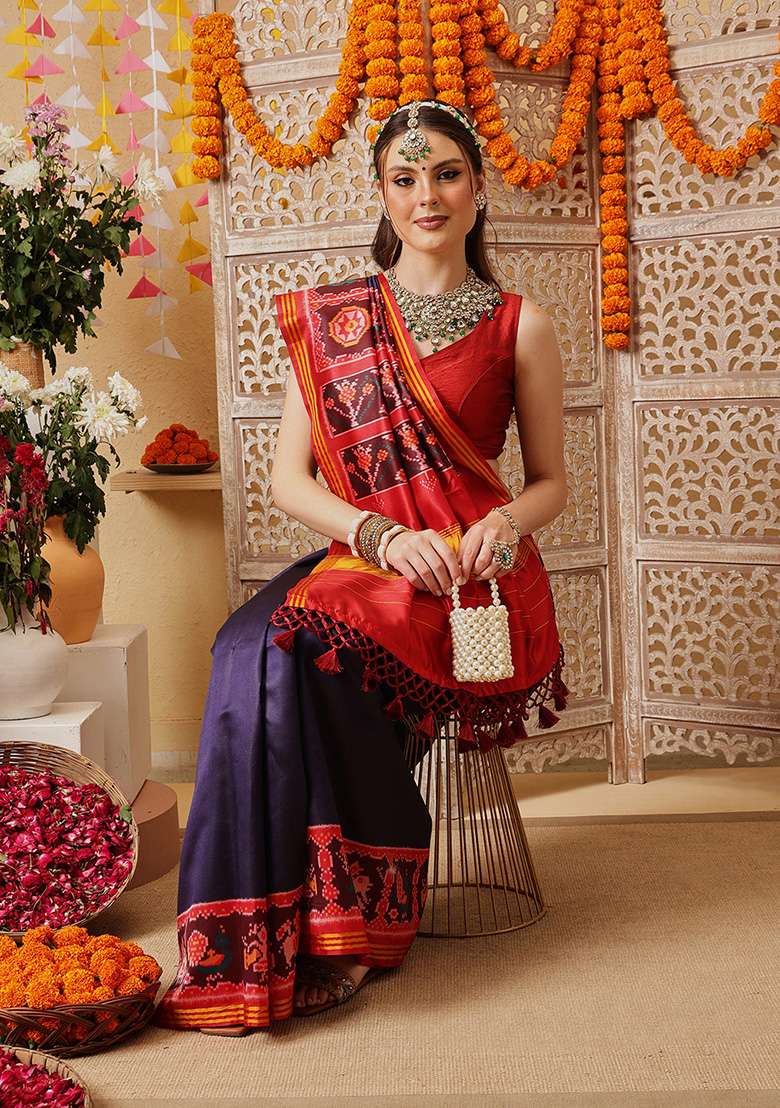 Navy Blue Printed Silk Saree Set - Indya