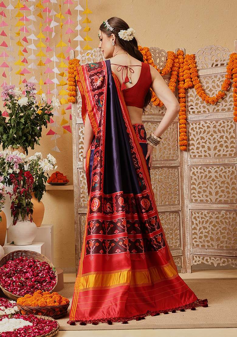Navy Blue Printed Silk Saree Set - Indya