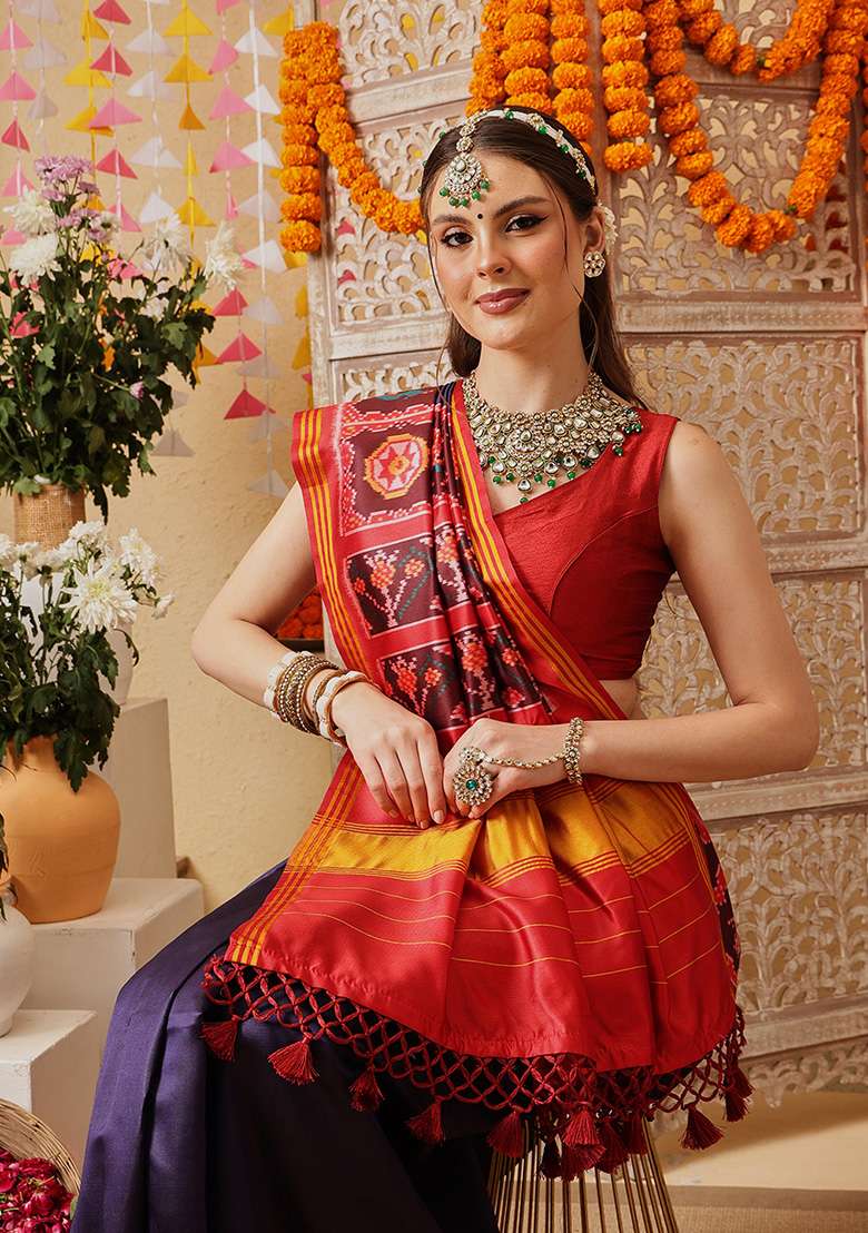 Navy Blue Printed Silk Saree Set - Indya