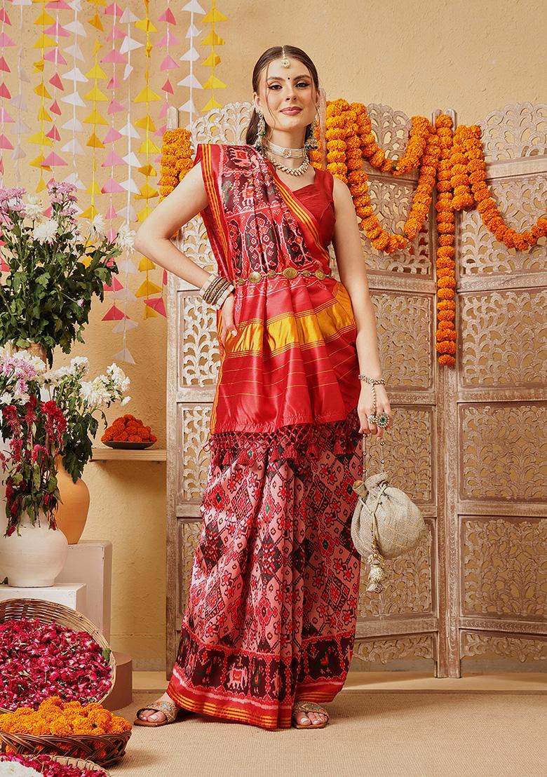 Light Pink Printed Silk Saree Set - Indya