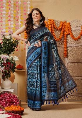 Blue Printed Cotton Saree Set