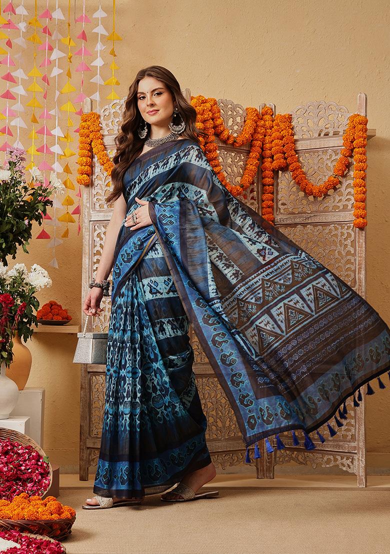 Blue Printed Cotton Saree Set - Indya