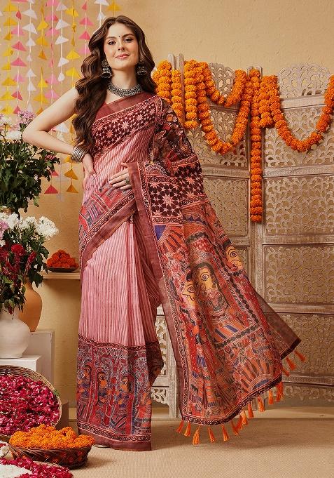 Pink Printed Cotton Saree Set