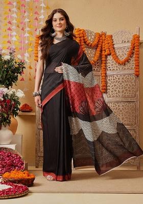 Black Printed Cotton Saree Set