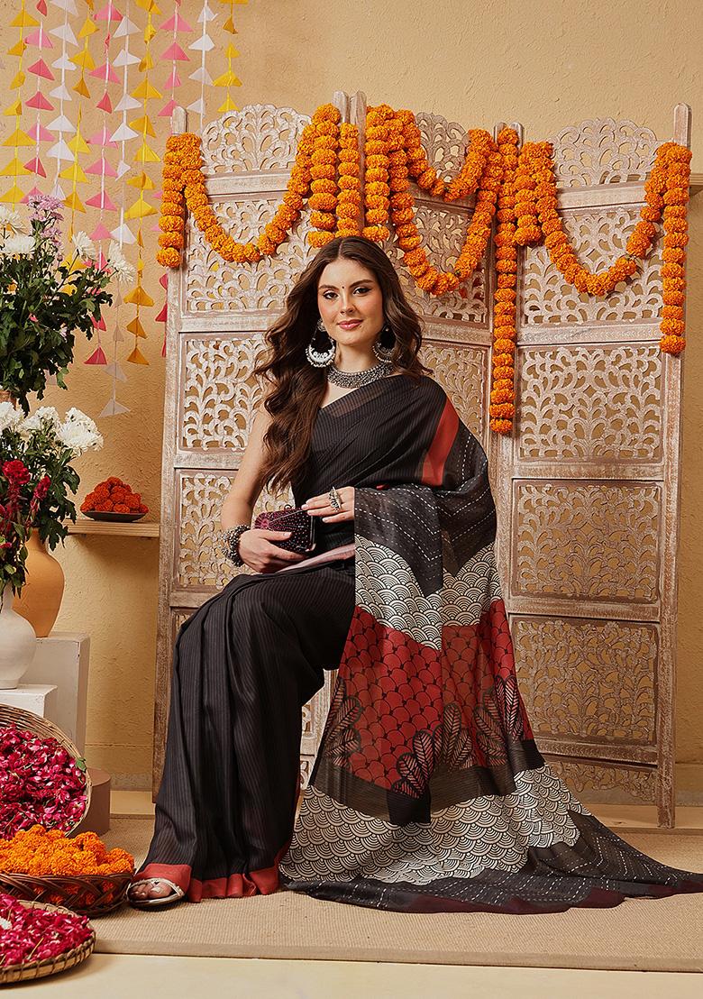 Black Printed Cotton Saree Set - Indya