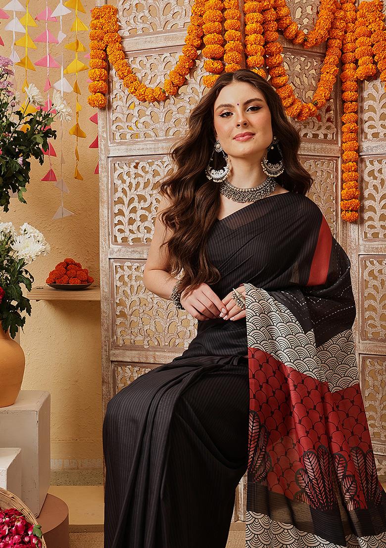 Black Printed Cotton Saree Set - Indya