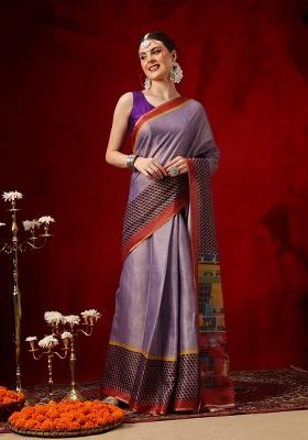 Lavender Printed Cotton Saree Set